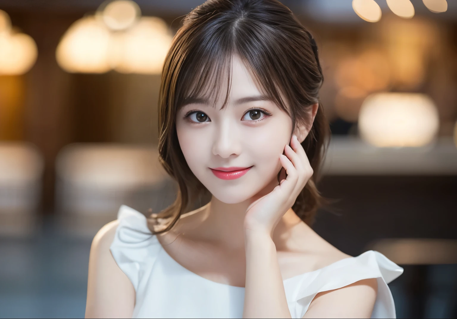 Tabletop, highest quality, shape, Very detailed, finely, High resolution, 8k wallpaper, 完璧なダイナミックな構shape, Beautiful and detailed, Elegant and gorgeous summer white dress,Straight hair,,Natural color lip,A refreshing smile,White teeth、30-year-old woman、cute、Looking at the camera is sexy,Always blur the background,Perfect and beautiful face,Take a picture of your face only,Beautiful and elaborate face、Slim face and figure、Big eyes、Elegant face、Beautiful and elaborate face、Japanese actress face、Big eyes、 A venue on the top floor of a high-rise hotel、Blur the background、Take a full body photo、Cosmetics advertising、