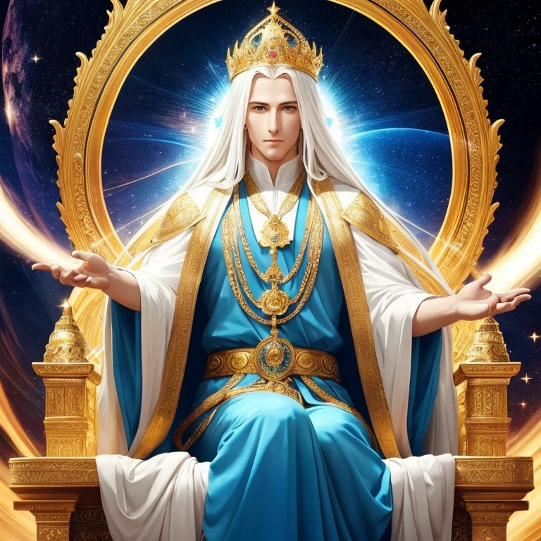 A divine being, a radiantly handsome man with porcelain-white skin, piercing azure eyes, and golden locks that shimmered like sunlight, sat majestically on a throne nestled at the heart of the galaxy. Bathed in celestial light, an ethereal halo encircled his untouched, flawless form, highlighting every divine feature. His godlike presence radiated an aura of sanctity and purity, leaving all who gazed upon him in awe.
Identified as a deity in this exquisitely detailed sacred image, the man's regal garments draped elegantly on his lean frame, accentuating every muscle