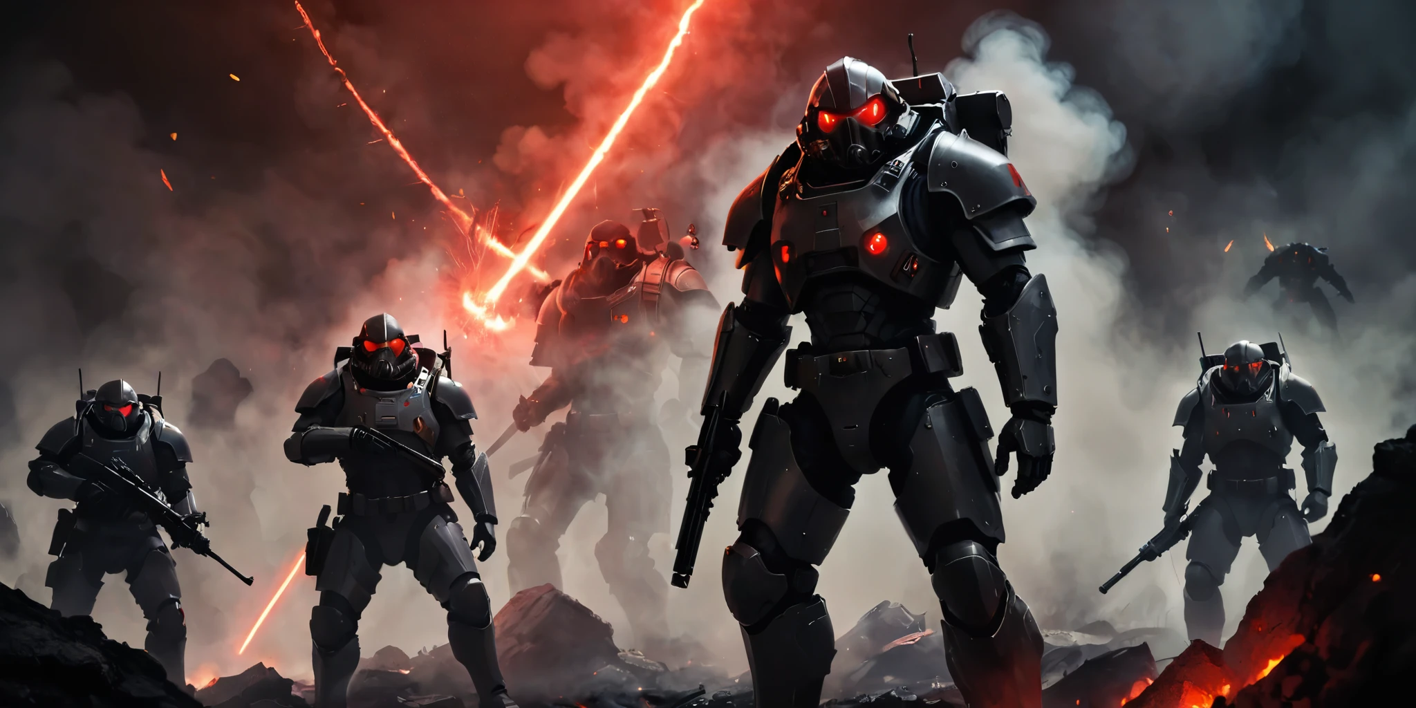 dark night scene, Treacherous base, Group of men in armor and weapons, smoke, Creepy glow. tension, Weapons prepared for an ambush that they knew were hidden within., Capture the intensity of the scene, Helldivers' Iron Eyes, and the terrifying beauty of the alien base.. It combines sci-fi military action with the lively dangers of a hostile world.. memorize, Focus on tactical prowess, The lurking threat of
, Multiple enemy robots, The environment is breathtaking but deadly.. red laser light