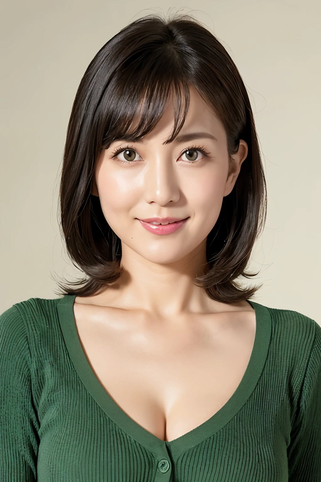(Very detailed), ((Realistic)), (Better Quality), Very beautiful woman, Bob Hair, Green V-neck knit, She has sparkling eyes, 8k wallpaper, Distinct facial features, Realistic, Photorealistic, West Shot, (Sexy pose), Attractive figure, (Cleavage)