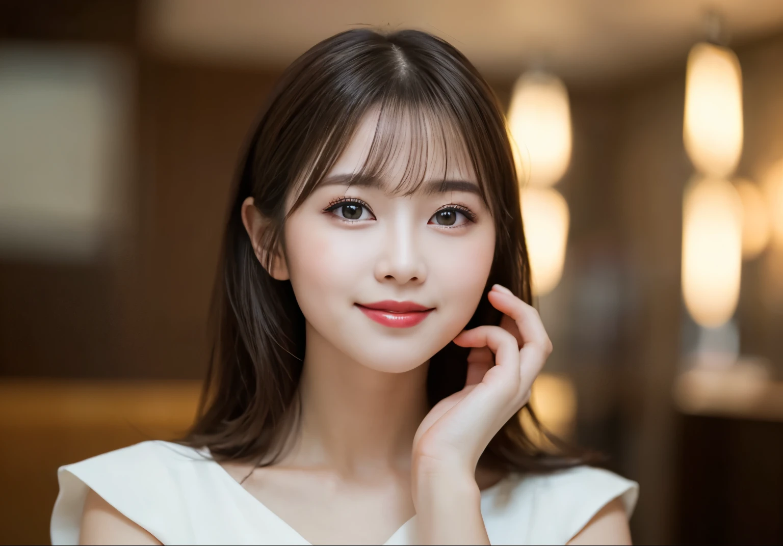 Tabletop, highest quality, shape, Very detailed, finely, High resolution, 8k wallpaper, 完璧なダイナミックな構shape, Beautiful and detailed, Elegant and gorgeous summer white dress,Straight hair,,Natural color lip,A refreshing smile,White teeth、30-year-old woman、cute、Looking at the camera is sexy,Always blur the background,Perfect and beautiful face,Take a picture of your face only,Beautiful and elaborate face、Slim face and figure、Big eyes、Elegant face、Beautiful and elaborate face、Japanese actress face、Big eyes、 A venue on the top floor of a high-rise hotel、Blur the background、Take a full body photo、Cosmetics advertising、