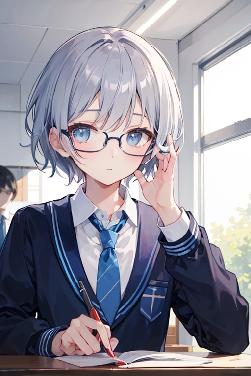 メガネをしたmaleの子　Intellectual atmosphere　Looking at me from across the school desk　Expressionless　Gray Hair　The hair is very short　Blue Glasses　Black school uniform　Glasses are elongated　１people　性別はmale　Blue tie　male　Upper Body