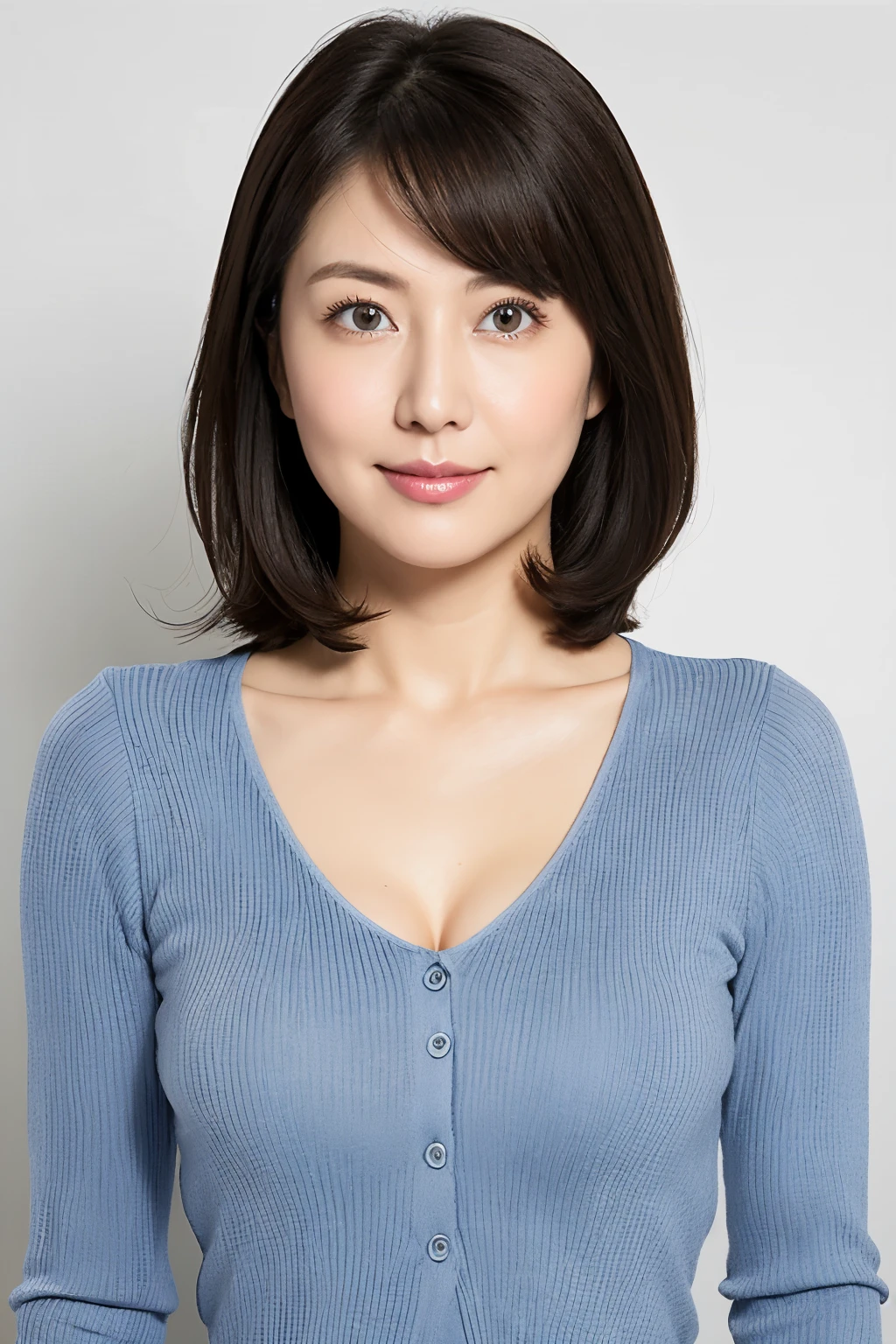 (Very detailed), ((Realistic)), (Better Quality), Very beautiful woman, Bob Hair, Blue V-neck knit, She has sparkling eyes, 8k wallpaper, Distinct facial features, Realistic, Photorealistic, West Shot, (Sexy pose), Attractive figure, (Cleavage)