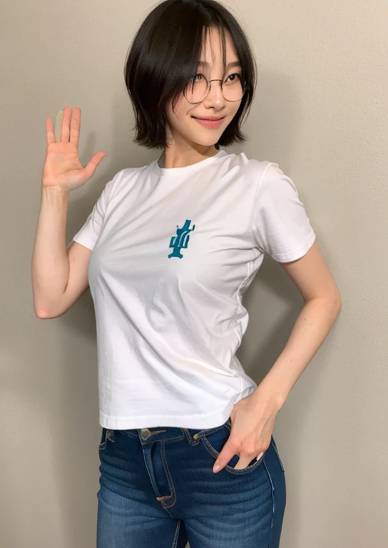 1girl, jeans, wrinkle t-shirt, hair covers ears, hands in pocket, looking on viewer, back view, hands up