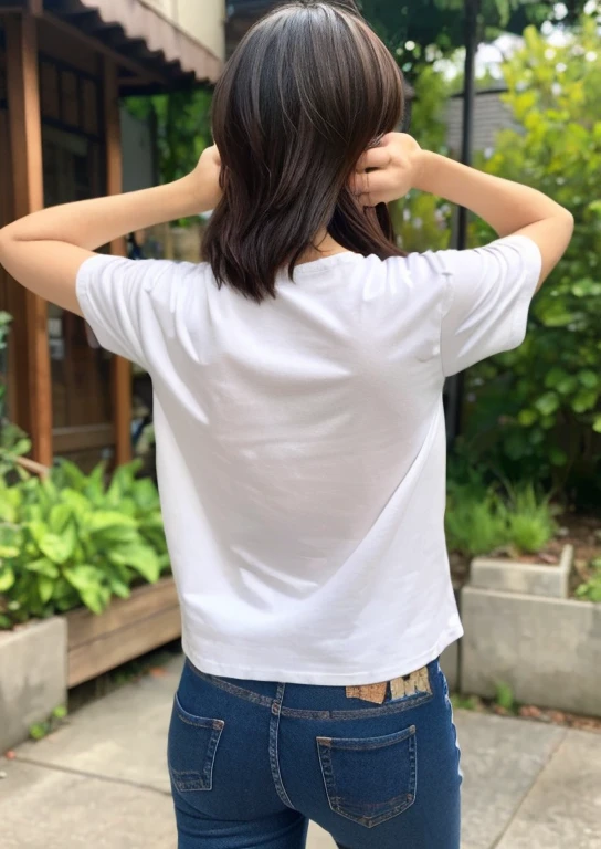 1girl, jeans, wrinkle t-shirt, hair covers ears, hands in pocket, looking on viewer, back view, hands up