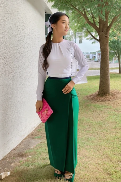 A school teacher is 30years old.Tall, thin, big hips, big breasts, blonde hair, small lips, blue eyes, attractive, 64K.Top=white Burmese blouse,With long sleeves,Buttoned at the side.Bottom=(Dark green) long skirt.
Footwear=female Burmese sandals,The hair is knotted bun.European.Nun Headpiece.