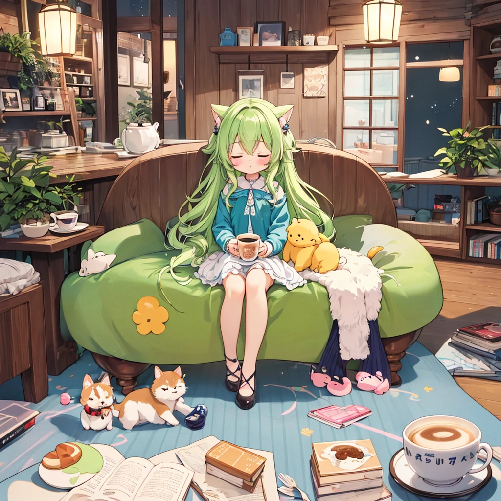 Little fairy、Living in a coffee cup、highest quality、Masterpiece、Official Art、16ｋ、super beautiful、Super detailed、Ultra-fine、Disorganized、A warm and cozy world of pastel colors、Cute and fluffy、Chibi sleeping in a coffee cup、I close my eyes and doze off.、