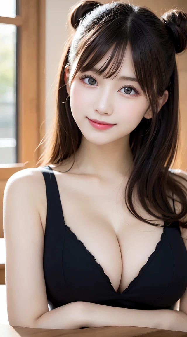 On the table, best quality, illustration, Super detailed, Fine details, high resolution, 8k wallpaper, Perfect dynamic composition, Beautiful and delicate eyes, Fashion women's clothing,Hair Bun,Big breasts and natural lips, Sexy pose,Smile,Harajuku、20 year old girl、Lovely，Visible cleavage、Looking at the camera