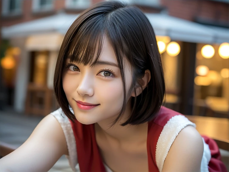 (highest quality:1.5)、(Realistic:1.5)、(1 person:1.5)、Very detailed、High resolution、8k wallpaper、、(Leaning forward)、forward leaning posture、Leaning forward、A woman wearing a cute Santa Claus costume、Small breasts、Natural color lips、Cute smile、Japanese women、20 year old girl、Thin eyebrows、Beautiful and elegant face、cute顔、cute目、Big eyes、Fair skin、Beautiful and elegant face、Natural Bangs、Beautiful and thin nose、Beautiful Skin、Medium Bob Hair、Natural Bangs、Perfect and beautiful face、Slim face and figure、(Looking at the camera with a cute expression)、(Bright lighting)、Professional Lighting、 (Lighting from the front)、Natural smile、Beautiful clavicle、cute胸の谷間、Natural smile、cute、Brightly lit cafe、Open terrace seating、