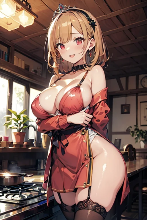 Adult Woman, masterpiece, 1girl, Amazing Cleavage:1.3, thin waist, big ass, Raised sexy, medium breast:1.3,posed cleavage:1.2,solo, looking at viewer, open mouth, have a cup of coffee,black hair, red eyes, dress, bare shoulders, jewelry, collarbone, sidelocks, hairband, earrings, indoors, off shoulder, :o, sweater, arms behind back, plant, short hair with long locks, white hairband, off-shoulder dress, sweater dress, off-shoulder sweater, red sweater, big side hair, very long side hair,is rendered in (masterpiece: 1.2, best quality), with (ultra high resolution) and an exquisite (depth of field). This masterpiece is not only visually stunning but also tells, make of cooking some cakes ,in the kitchen,Long dark blonde wavy hair、her thin pubic hair, White and pink dress, Puffy nipple、(Long flared skirt)、garter stocking、beautiful tiara、Earring、Medium milk, cute smile face、(Pose to lean forward and emphasize the chest)、sexy hips、high-heels、atlibrary、((Close your arms to your chest and look up)),(with sparkling eyes and a contagious smile), looking at viewer,
