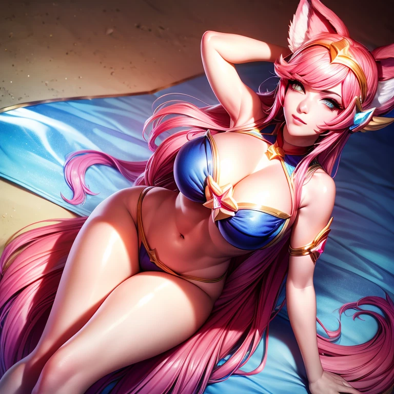 Melhor qualidade, super detalhe, obra de arte, Ultra HD, 8k, 1 garota, concentre-se na garota, Bikini, Star Guardian Ahri, League of Legends, look sexy, super sensual, roupa curta, na praia, exibindo as coxas, emphasis on the thighs.