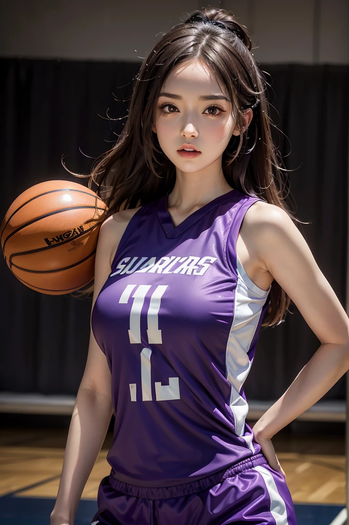 Hot girl, purple hair, blue eyes, sexy, wearing volleyball player clothes