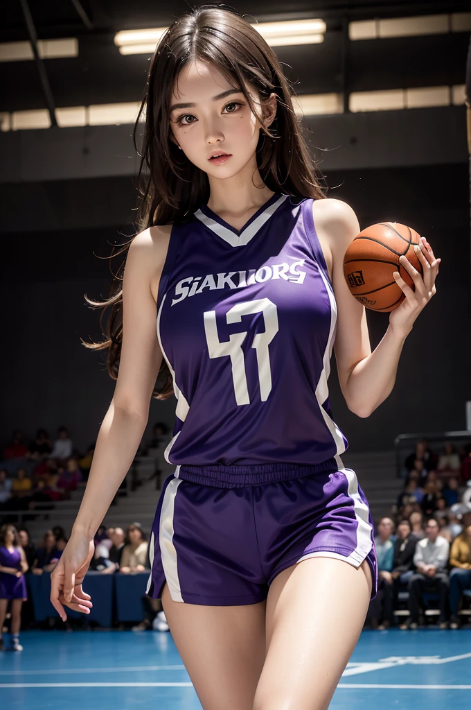 beautiful detail, best quality, 8k, highly detailed face and skin texture, high resolution, big tits cute long hair girl in purple basketball jersey at basketball court, full body, sharp focus