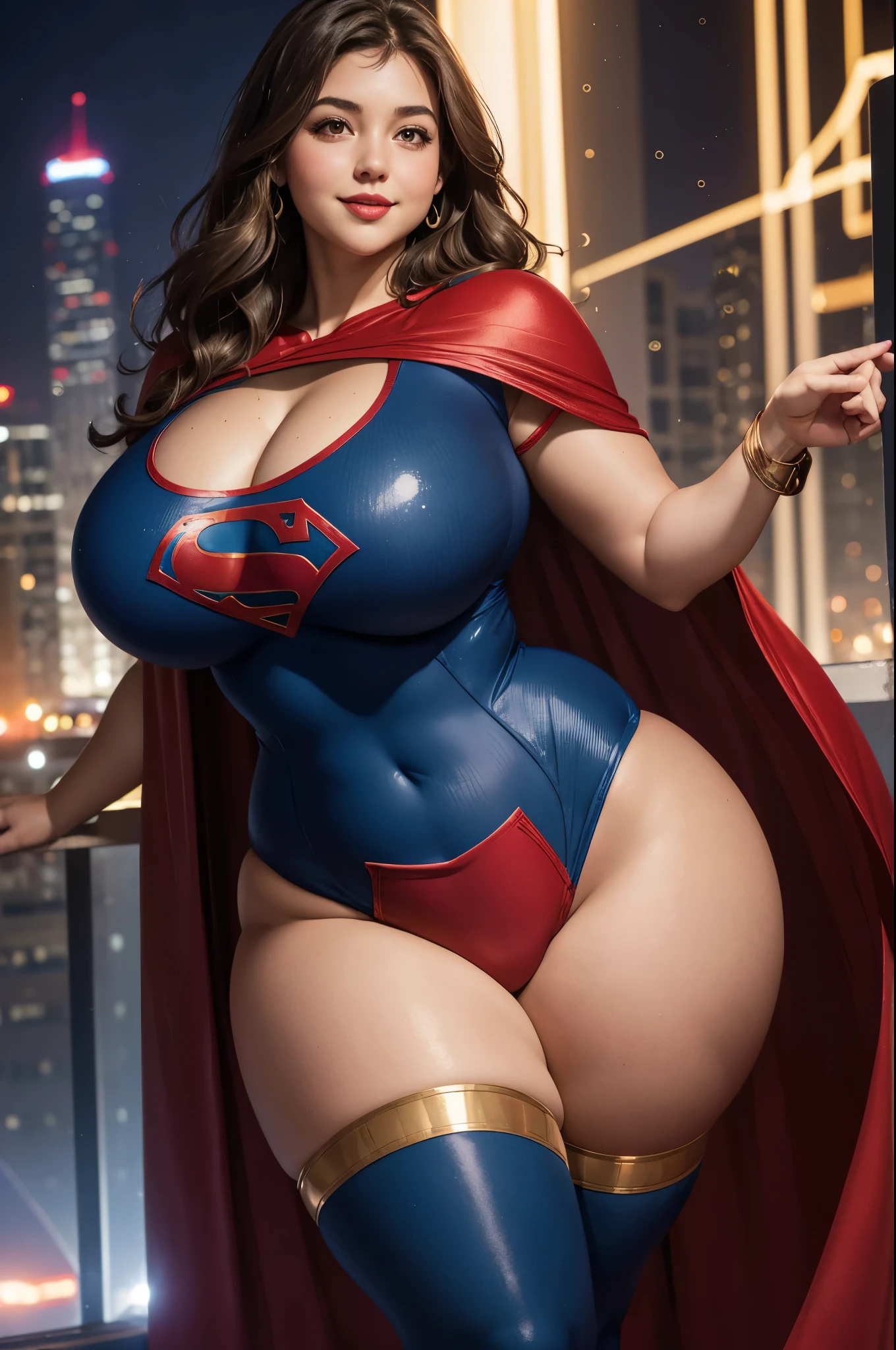 Supergirl, 27 years old, full body shot, Beautiful woman (((shoulder length wavy brunette hair))) (bangs:1.2) defined body, Red lipstick, smiling, hands free, standing, (huge_breasts:1.5) (very full figure, curvy, chubby, very soft, very thick, big breasts, sexy, sexy pose, fat thighs) ((( short sleeve, sparkling blue and red leotard, flowing red cape Supergirl))), rooftop city night, (curvy:1.5)