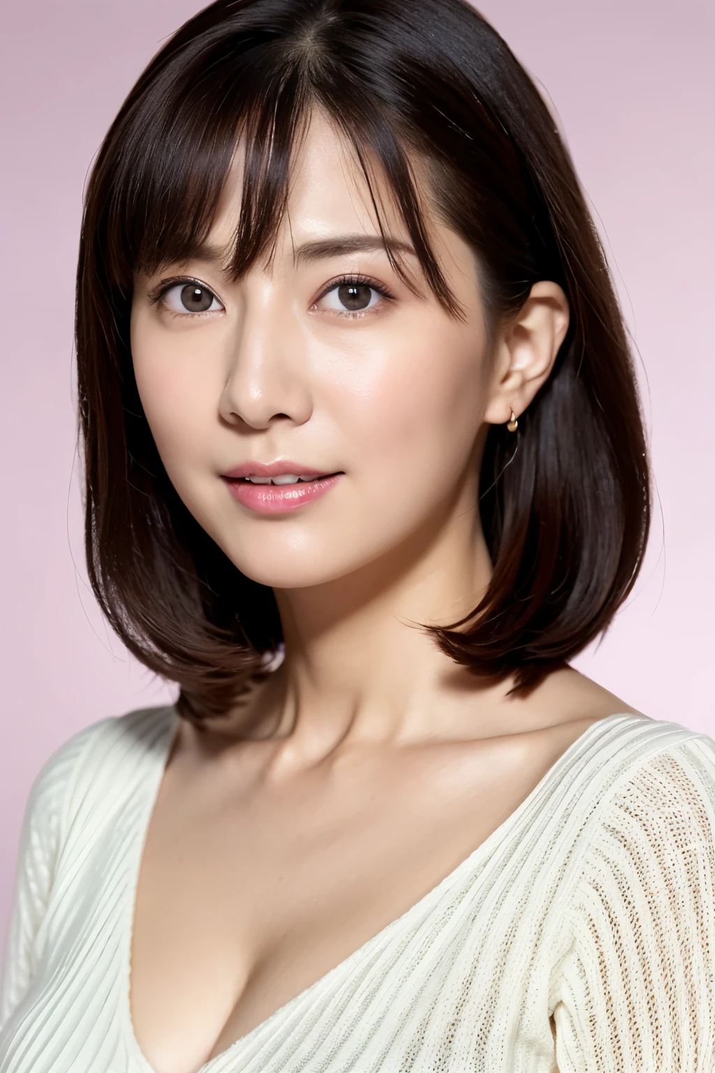 (Very detailed), ((Realistic)), (Better Quality), Very beautiful woman, Bob Hair, Purple V-neck knit, She has sparkling eyes, 8k wallpaper, Distinct facial features, Realistic, Photorealistic, West Shot, (Sexy pose), Attractive figure, (Cleavage)