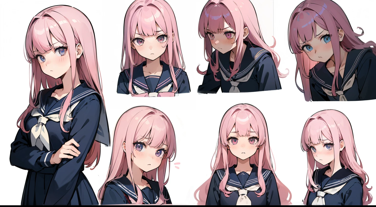 ((masterpiece, highest quality)), Detailed face, Character Sheet, whole body, Full of details, Various poses and expressions, Very detailed, depth, Many parts, One girl, , seifuku, Sailor suit, Long sleeve, Pink Hair, Wavy Hair, Long Hair, Blunt bangs, Tsundere, Flat Chest, Angry expression