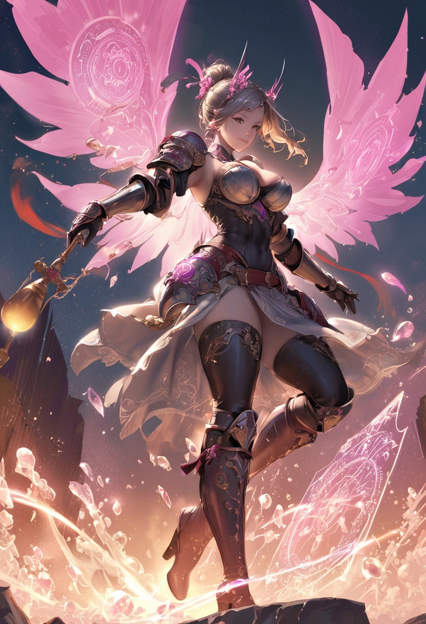 8k_wallpaper, extremely detailed eyes, extremely detailed body, (large masterpiece digital art), (detailed manga illustration), (detailed line art), ((perfect anatomy)), (intricate details:1.3), (ultra-detailed:1.3), (illustration:1.3), (sharp focus:1.3), (natural lighting:1.05), (vivid colors:1.3), (masterpiece), best quality, expressive eyes, perfect face, 1 girl, breasts, gloves, large breasts, {blue hair}, medium hair, wavy hair, (gray eyes), hourglass physique, huge ass, dynamic pose, dynamic lighting, fur trim, hair bun, glowing, crystal, delicate\(armor\), armor, full armor, cuisses, shoulder armor, belt, hand guard, boots, glove, particles stream, creationmagic, ethereal creation, Magic Circle, glowing, crystal, jim lee, beautiful esd_woman, hair bun, fur trim, jewelry, crystal, Magic Circle,