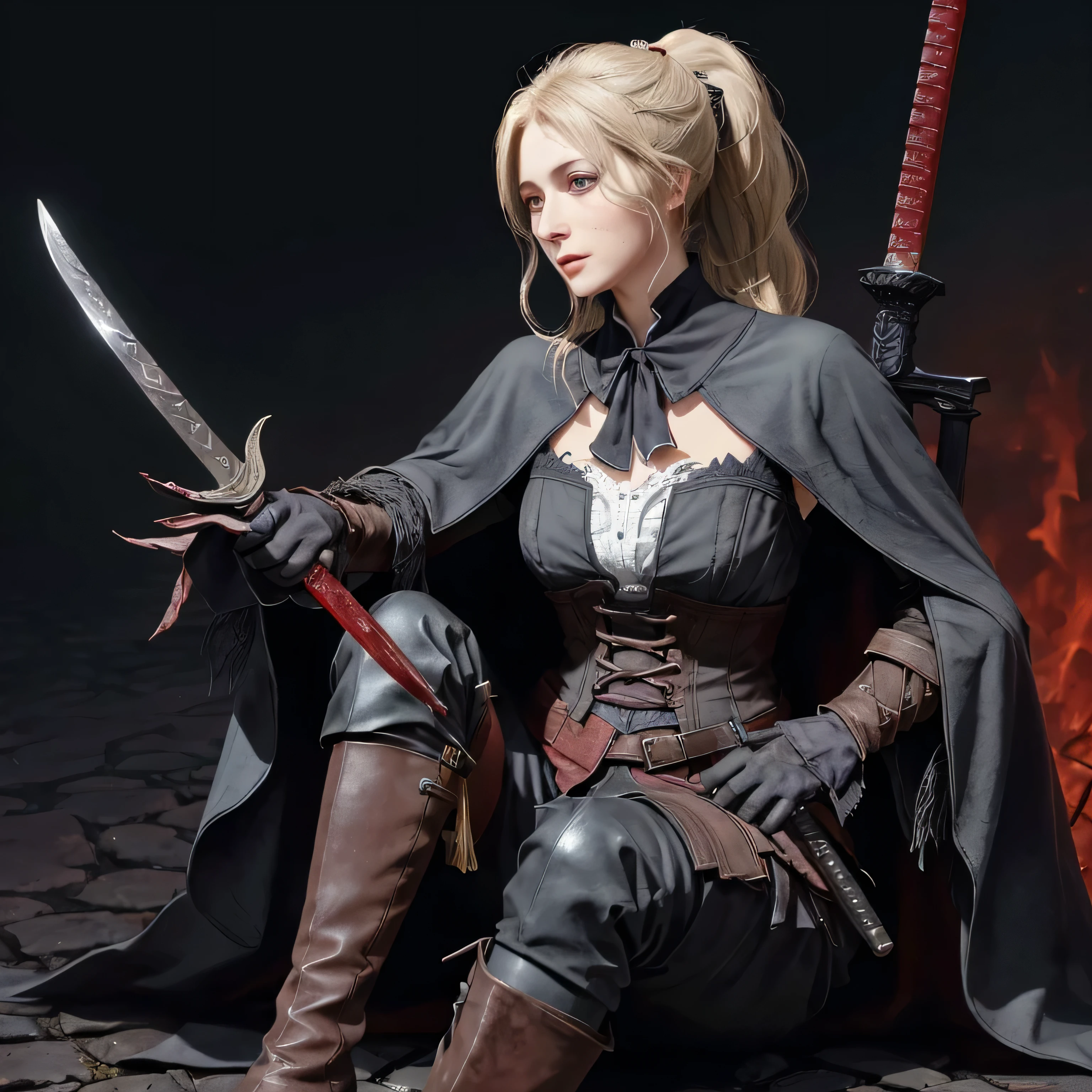 drawn in the artstyle of 1girl, medium_breasts, lady_maria_of_the_astra, rakuyo_\(bloodborne\), red dark smoke firebackground, realistic face, realistic skin, perfect face, perfect lighting, detailed skin, detail face, white_hair, blonde hair, upper body,magical blood mist flowing from sword, ponytail, boots, bloodborne outfit, katana, hat_feather, cape, holding_weapon, pistol holstered on hip, gothic, grey eyes,