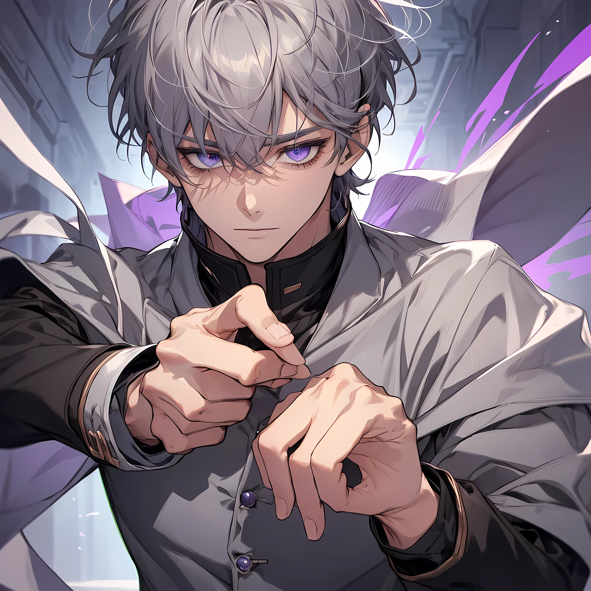 1guy, Handsome man, Men with gray hair, Beautiful detailed eyes, beautifull detailed face、Purple Order、hair between eye、short-hair、logn hair、a cool、outer、twinks、Gray-haired young man、Calm、hands outstretched、There is only one man, detailed eyes, eyes extremely detailed, half-body:0.6