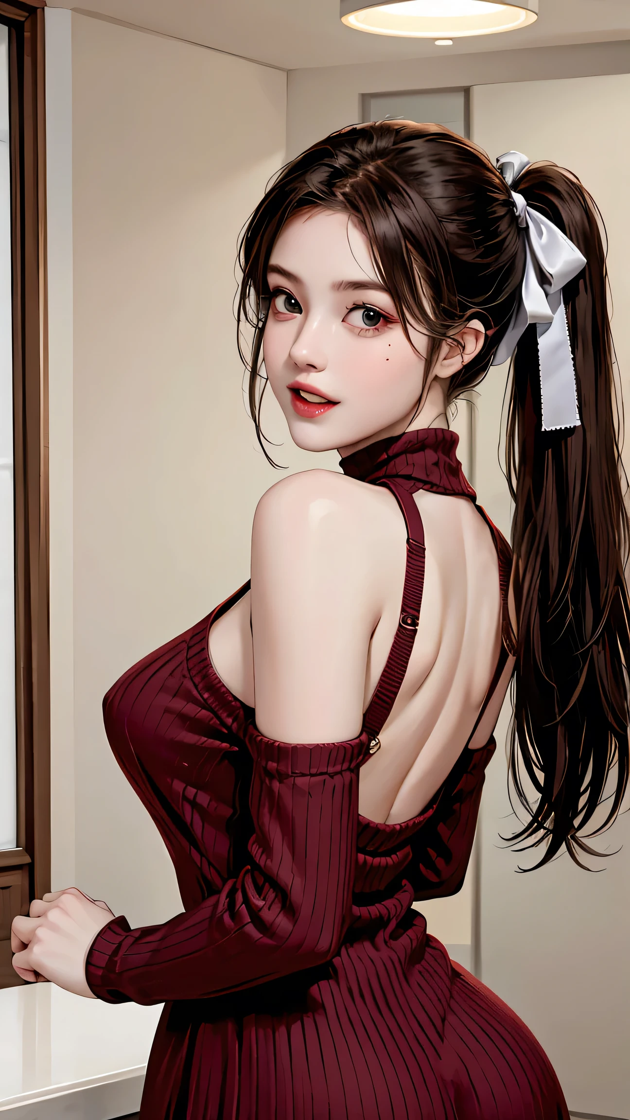 masterpiece,highest quality,High resolution,Very detailed,like,Long Hair,Side Ponytail,Hair Ribbon,hair ornaments,teeth,Cowboy Shot,looking return,turtleneck,Halter neck,return,Butt crack,turtleneck sweater,bare return,returnless dress,virgin killer sweater,indoor,night,