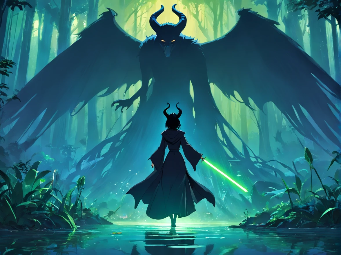 A shot from a comedy fairy tale, Maleficent Angelina Jolie escapes through a magical swamp from Darth Vader, and Darth Vader with a lightsaber pursues the sorceress Maleficent, humor, cinematography, of course