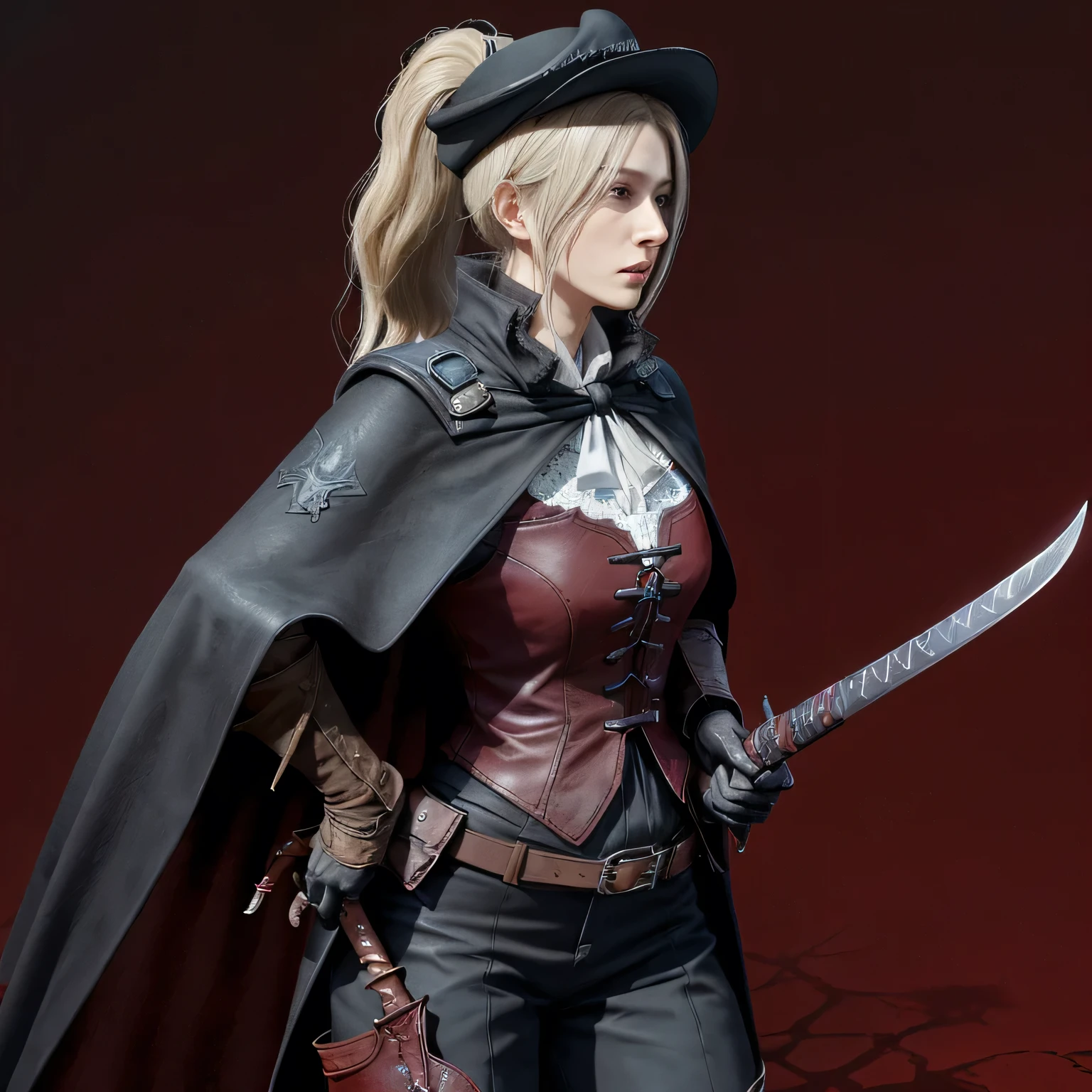 drawn in the artstyle of 1girl, medium_breasts, lady_maria_of_the_astra, rakuyo_\(bloodborne\), red dark smoke firebackground, realistic face, realistic skin, perfect face, perfect lighting, detailed skin, detail face, white_hair, blonde hair, upper body,magical blood mist flowing from sword, ponytail, boots, bloodborne outfit, katana, hat_feather, cape, holding_weapon, pistol holstered on hip, gothic, grey eyes,