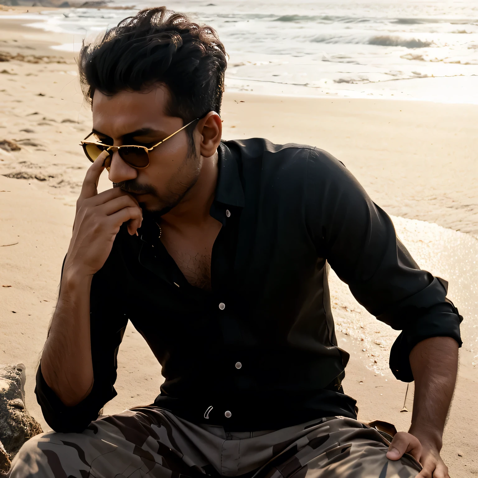 arafed man sitting on a rock talking on a cell phone, with a cool pose, candid picture, stylish pose, cool pose, with lovely look, with sunglass, casual photography, mohamed chahin style, inspired by Bikash Bhattacharjee, at a beach, assamese aesthetic, inspired by Saurabh Jethani, very artistic pose, attractive pose,king,hetman,handsome,realistic face,8k