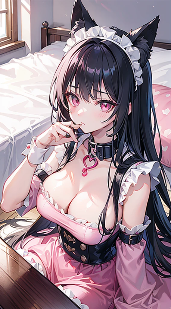 high quality, masterpiece, Super detailed, Bottom View,1 girl, Extremely detailed facial details, Miosis,fear,Fox ears,Black long hair, Attractive pink eyes,Pink pajamas,Large Breasts,Maid headdress,Handcuffs,Collar,bedroom