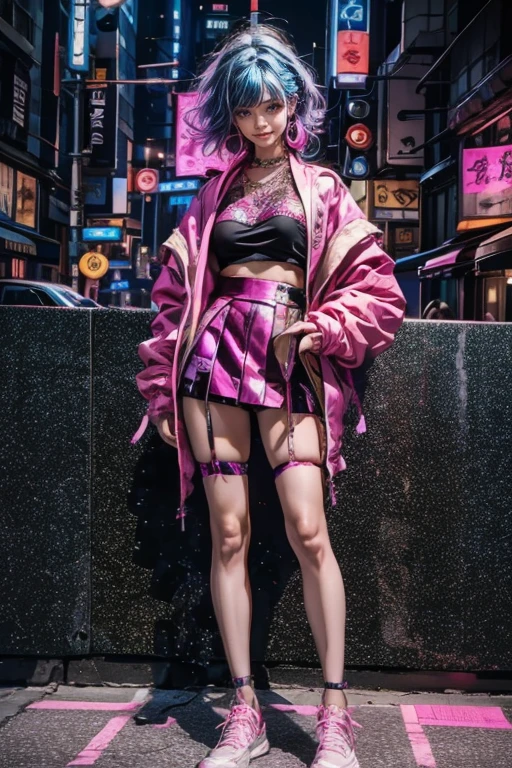 highest quality, Very detailed, masterpiece, 1 person,woman,(((完璧なwomanの体))),Very beautiful face, Very beautiful body,Gentle expression, Very beautiful eyes,(Perfect Makeup:1.1),Fashion Model,Graphic Arts,Cyberpunk Fashion,short hair,Shaggy Hair,Fluorescent pink and blue hair:1.3, Very thin body,Smart Abs, Black and purple cyberpunk short outfit, Fluorescent pink and blue mini skirt,necklace,anklet,Garter Stockings,Two-tone high-top sneakers,A kind smile,Full body portrait,(Street background:1.3), (Shiny skin),(Earrings),Geometric pattern,Gradient Graphics,Neon Signs,