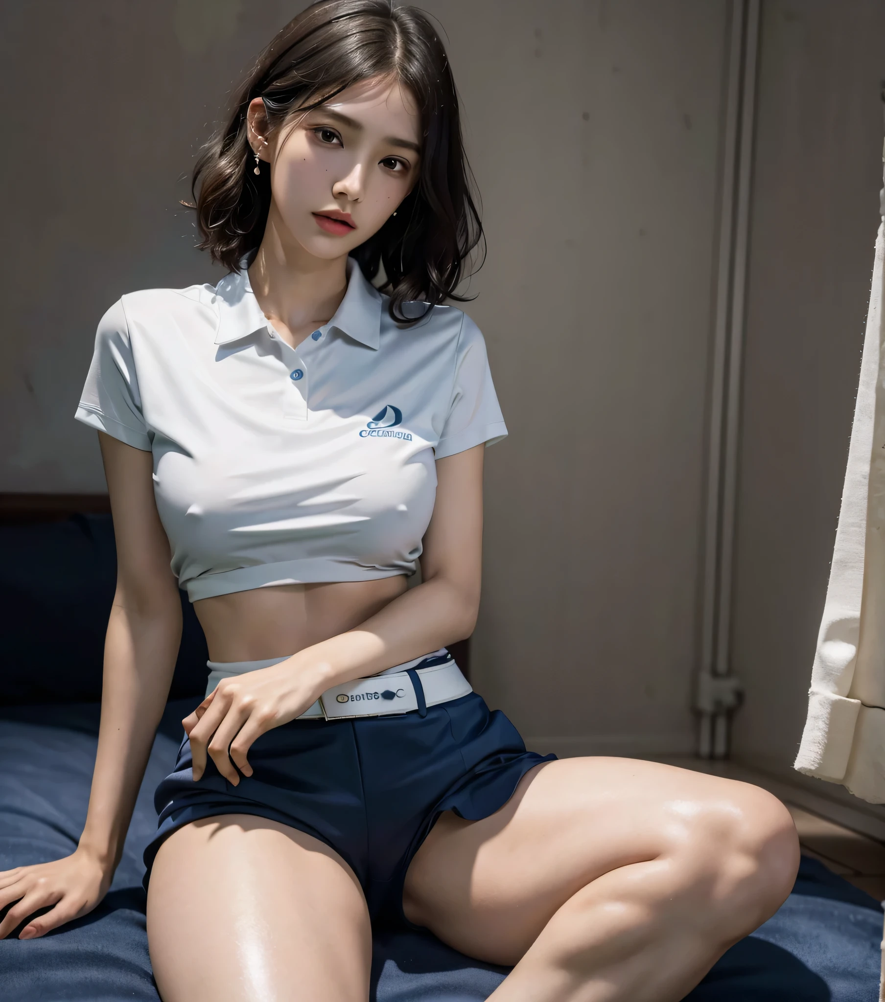 absurdres, RAW photo, extremely delicate and beautiful, masterpiece, Best Quality, ultra high resolution, 32k, hyperrealistic, ultra-detailed, perfect anatomy, perfect figure, super Detailed skin, 20 years old, very Slim body, narrow waist, very small head, very small face, delicate facial features, tearful mole, earring, thin legs, bare legs, ((very huge round breasts)), short medium hair, ((wavy hair)), wet clothes, (((alone))), (((golf uniform))), shorts,