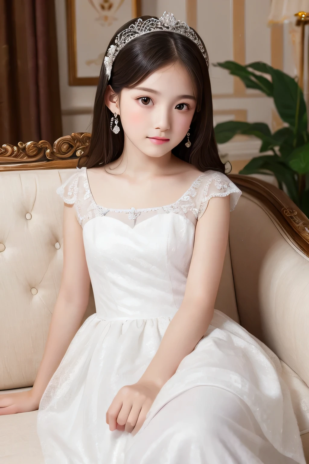 ((highest quality)), ((Photo quality)), (detailed), Perfect Face，White skin，12 years old，sofa，White Dress