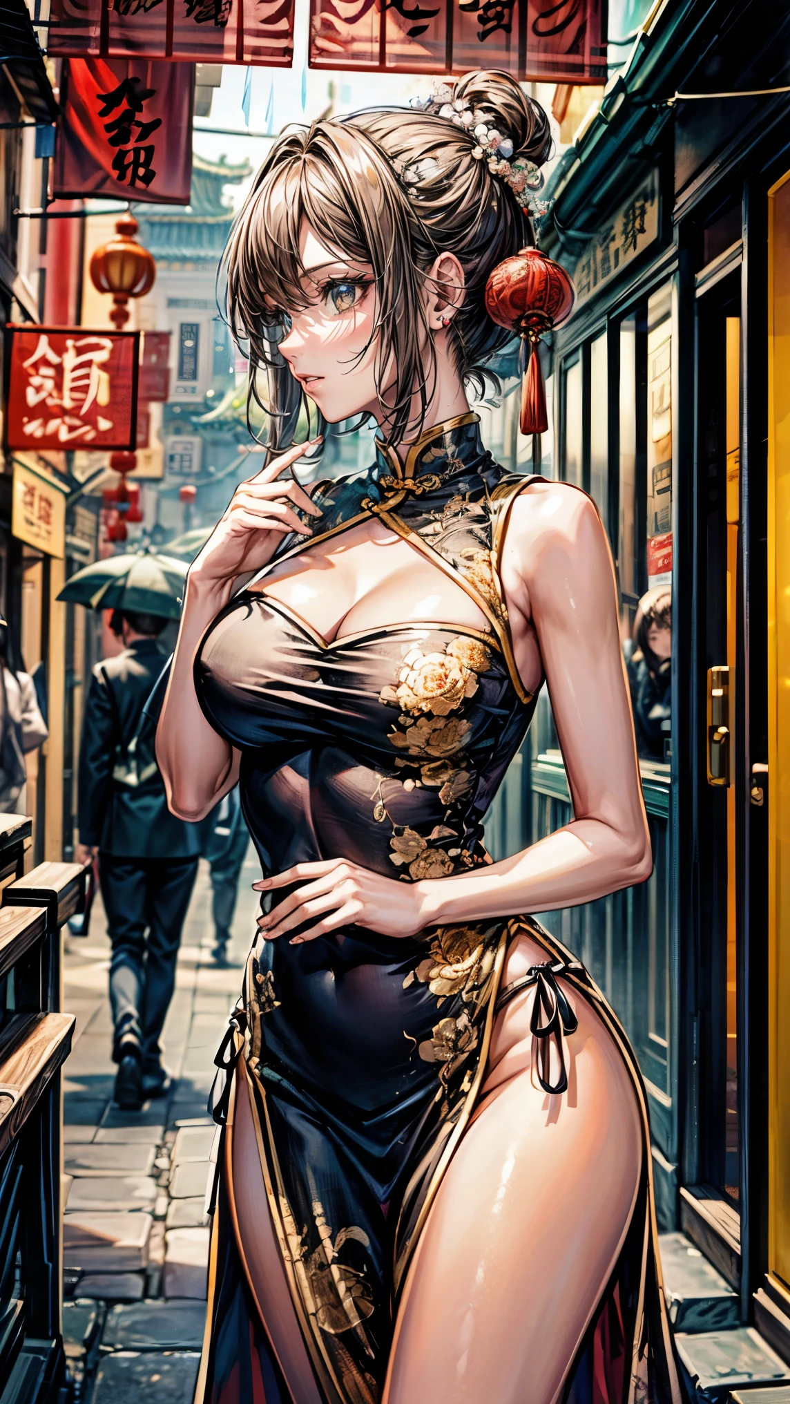 masterpiece,highest quality,Ultra high definition,China,beautiful person,China dress,Chinatown,brown eyes,short hair