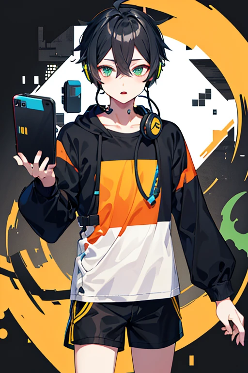 Pixel art ゲームmale子 Moe sleeves Shorts On the green White T-shirt 紺色のShorts male Headphones Eyes are black Hair color black male
