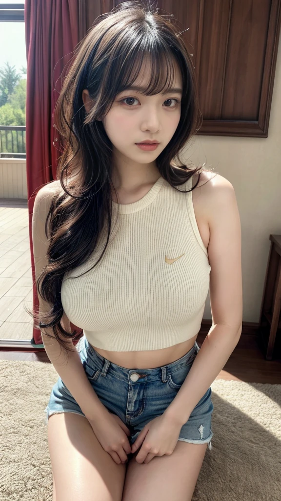 muste piece, best quality, illustration, Super detailed, fine details, High resolution, 8K,wall paper, perfect dynamic composition,(Details High quality, realistic depiction of eyes:1.3), short hair, (wavy hair:1.2), tanktop, Erotic shorts, Layered Cut, black hair color, Big Natural Color Lip, (living room, studying), crying a little、cold gaze, Harajuku style、20 year old girl、cute type、ta, Gravure Idol, full body photo、focus on crotch, huge breasts
