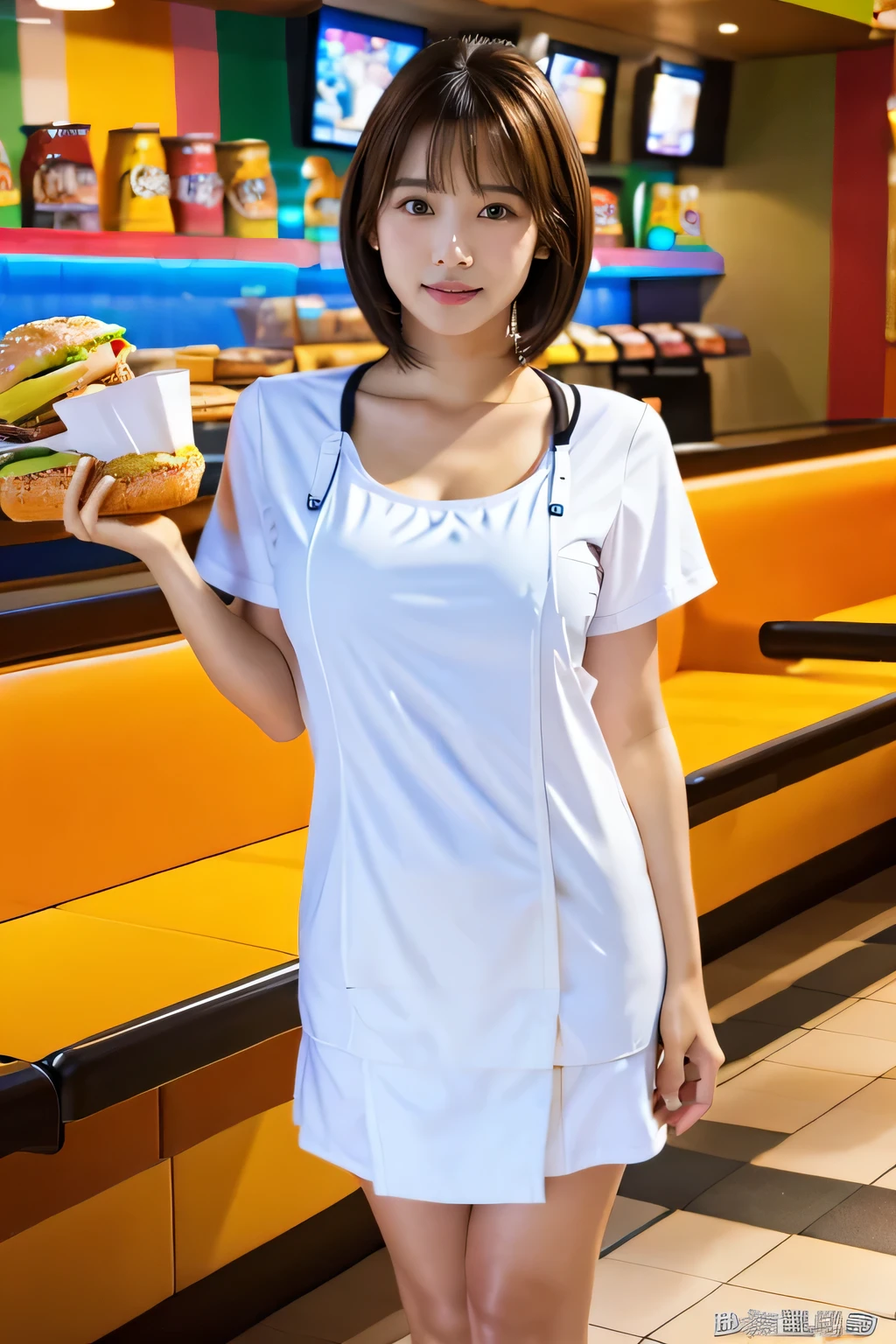 (Work in a fast food restaurant:1.5)、(Shop uniforms:1.5)、(Full-body photo:1.5)、highest quality, Photorealistic, Very detailed, finely, High resolution, 8K Wallpaper, Professional, High level of detail, ((One 18 year old girl:1.2)), Slender Japanese women,Pretty lips, (Beautiful long lashes:1.2)、Detailed clavicle, Perfect Face, (Cute short bob hair:1.5),Top Quality，Ultra-clear resolution，Clear Eyes，Sunburned skin，Perfect large breasts，have perfect legs，