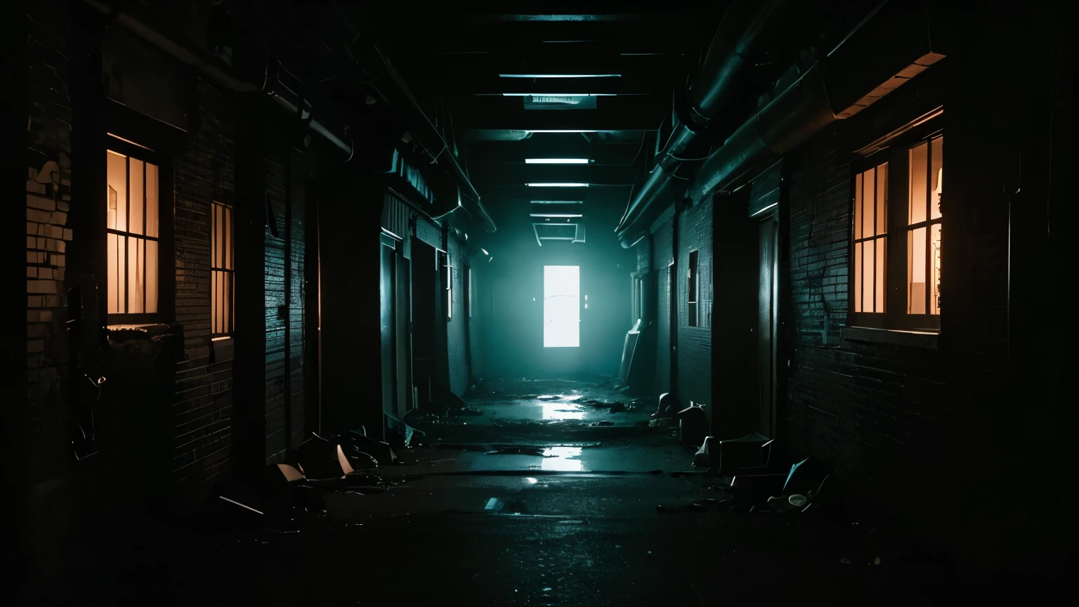 (best quality, highres, realistic:1.2),(dark, mysterious room),(dusk, twilight atmosphere),(hidden hideout),(secret place),(desolate world),(intense, suspenseful),(no way out),(New York alleyway),(desolate cityscape),(pursuers closing in),(hiding pursuers),(scenic view outside the window),(terrifying moment)