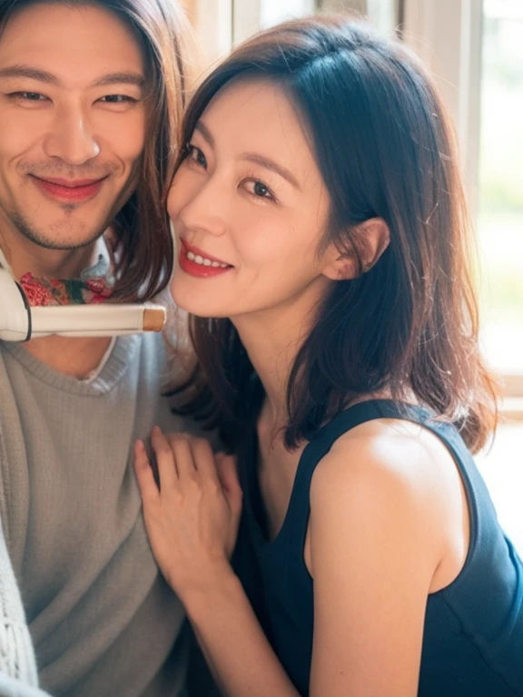 (best quality), (very aesthetic), (ultra-detailed), (best illustration),a mature female,Perfect Face,MKMami,(full_body),skinny, MILF,A man is groping her breasts from behind。