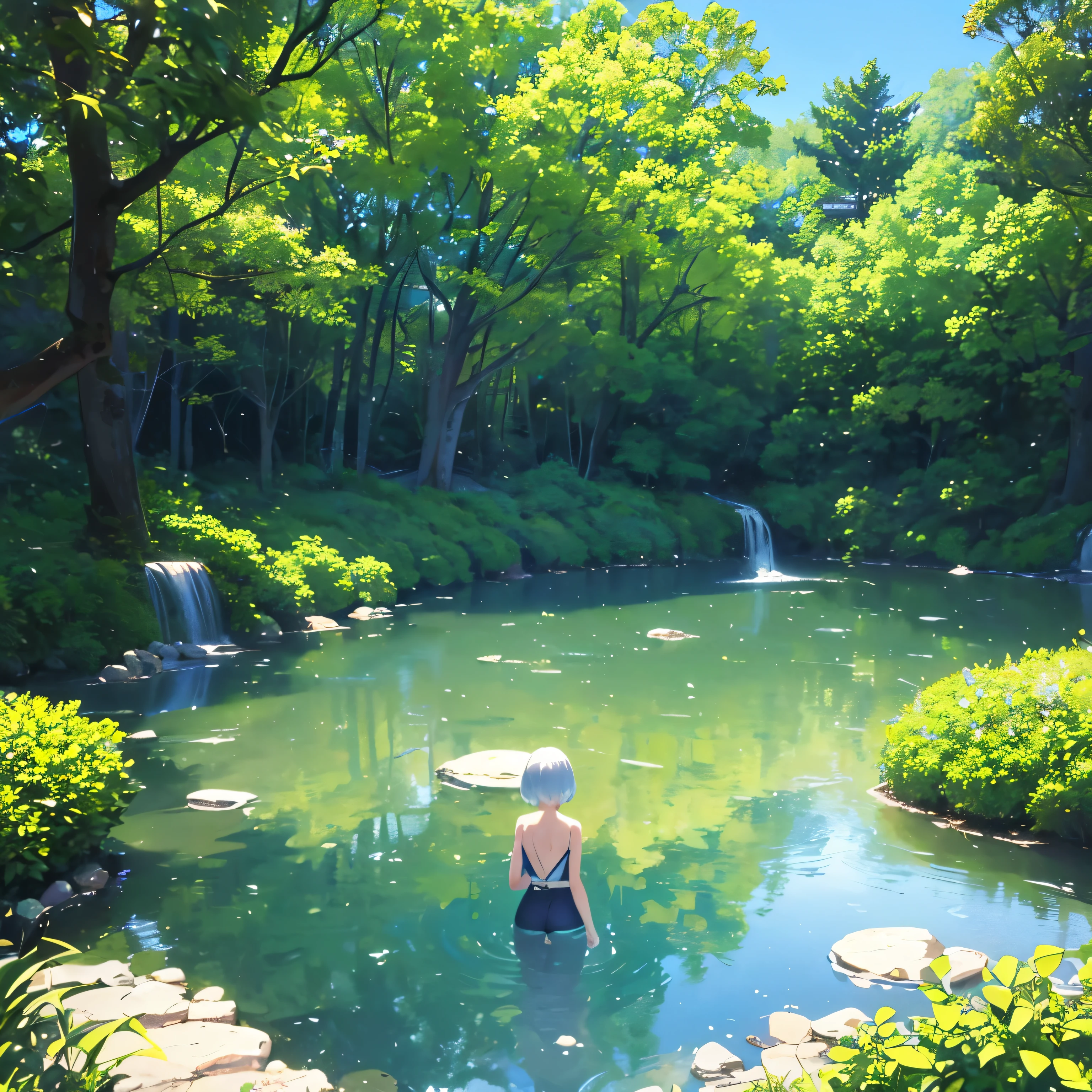 (Very detailed CG Unity 8k wallpaper)、(masterpiece)、(highest quality)、(Very detailed)、(Best illustrations)、(Best Shadow)、((3By people))、3People Girls、back、Different hair colors、Different poses、back、front、beside、back、Green Eyes、Big Eyes、Big Breasts、whole body、A dress with a bold back view、noon、Clear skies、Lush green park、high resolution、whole body、Back view、Sweat、Bright hair color、short hair、Shiny skin、Shiny texture
