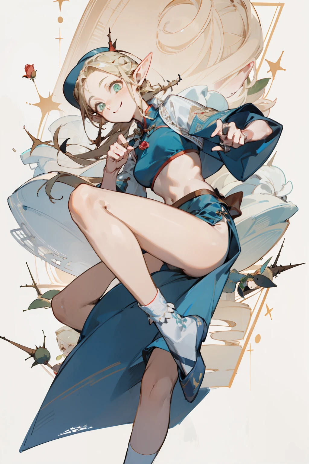 A bikini、Blonde girl wearing hat and silver accessories ,elegant, Pointed ears ,cheongsam,Waist-length hair,Smile,Star decoration,White lace socks,thorns,Rose,Vest line