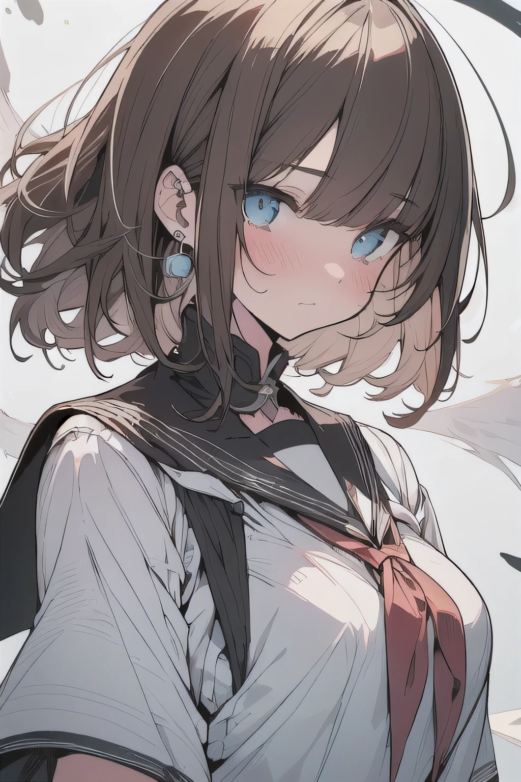 (best quality), (Super detailed), (Best Illustration), (masterpiece), (woman), high contrast, {(white serafuku:1.2)}, (large breasts), {brown hair, (sideburns), (bob cut:1.3), curly hair, hairs between eyes, colored inner hair}, {(detailed eyes), twinkle(in the eyes), blue eyes}, blush, earring, wind, landscape
