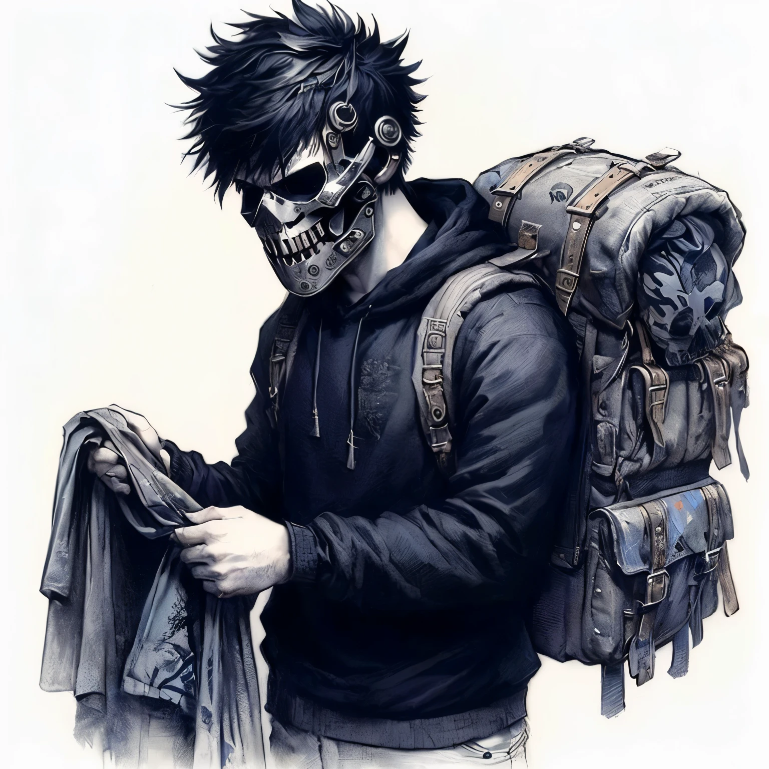 arafed drawing of a man com uma mochila and a skull, com uma mochila, foto de perfil, Murdoc Nicals, arte digital escura, mas detalhada, arte escura altamente detalhada, punk ceifador, Lee Bermejo, arte detalhada, por Eddie Mendoza, design de personagens altamente detalhado, ( ( ( ( ( e Mumford ) ) ) ) ), emo , ferido, queimado, ensanguentado