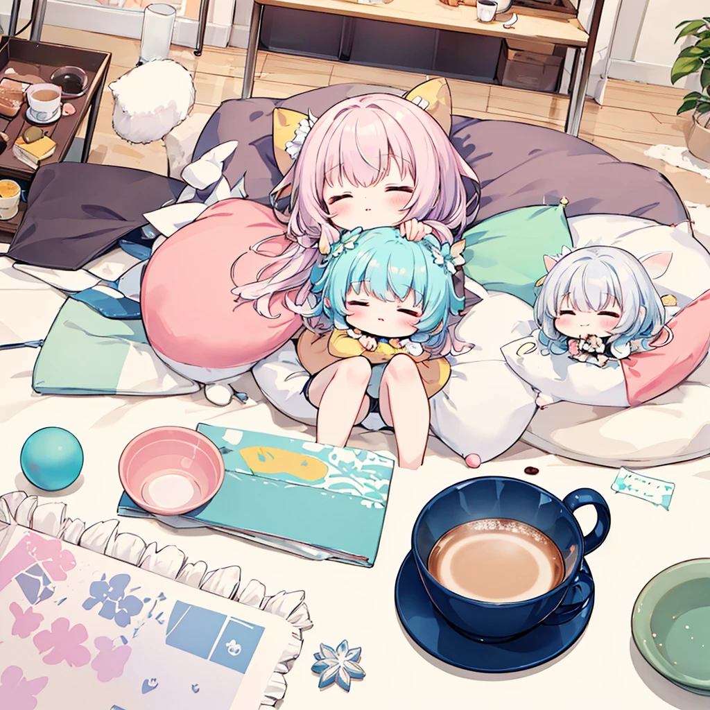 Little fairy、Living in a coffee cup、highest quality、Masterpiece、Official Art、16ｋ、super beautiful、Super detailed、Ultra-fine、Disorganized、A warm and cozy world of pastel colors、Cute and fluffy、Chibi sleeping in a coffee cup、I close my eyes and doze off.、