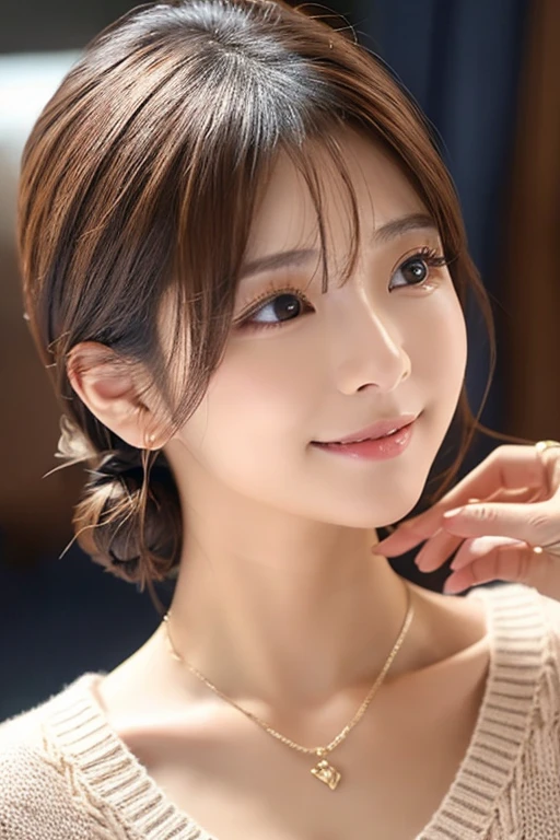 Japanese 、(Random Hairstyles:1.2)、Cleavage:1.2、Super detailed face、Attention to detail、double eyelid、Put your chest together、Sharp focus:1.2、Beautiful woman:1.4、Light brown hair、highest quality、masterpiece、超A high resolution、(Photorealistic:1.4)、Highly detailed and professionally lit smile、Loose, lightweight knitwear、Shoulder out、thin、Serious expression、Short-haired、Deadly position