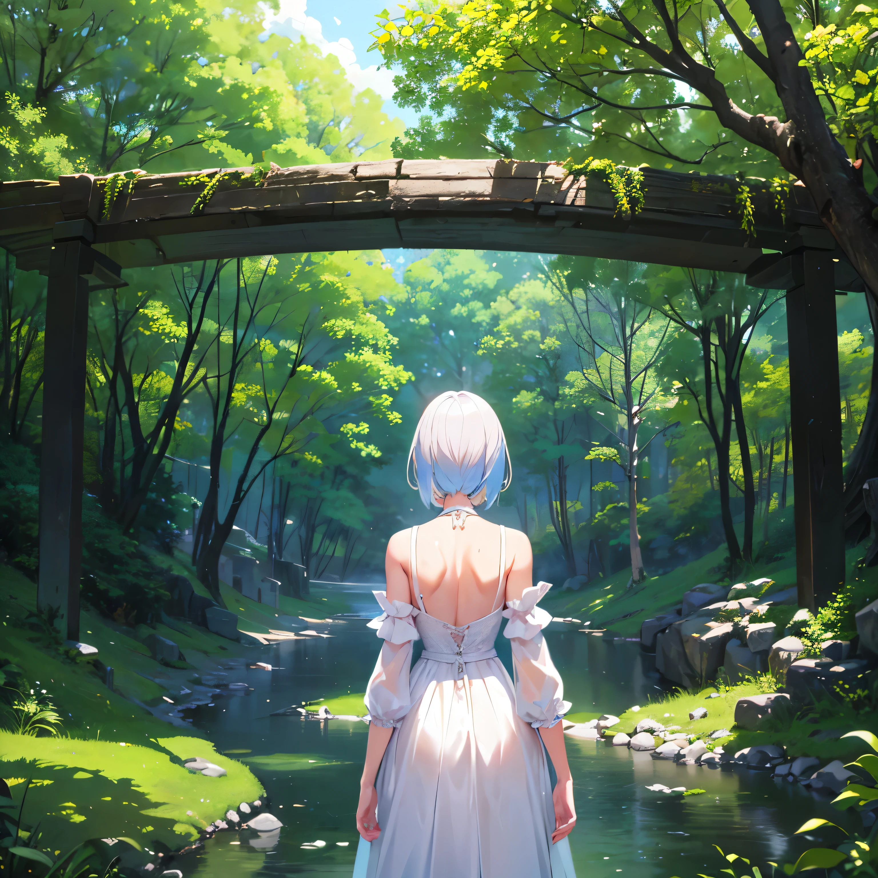 (Very detailed CG Unity 8k wallpaper)、(masterpiece)、(highest quality)、(Very detailed)、(Best illustrations)、(Best Shadow)、((3By people))、3People Girls、back、Different hair colors、Different poses、back、front、beside、back、Green Eyes、Big Eyes、Big Breasts、whole body、A dress with a bold back view、noon、Clear skies、Lush green park、high resolution、whole body、Back view、Sweat、Bright hair color、short hair、Shiny skin、Shiny texture