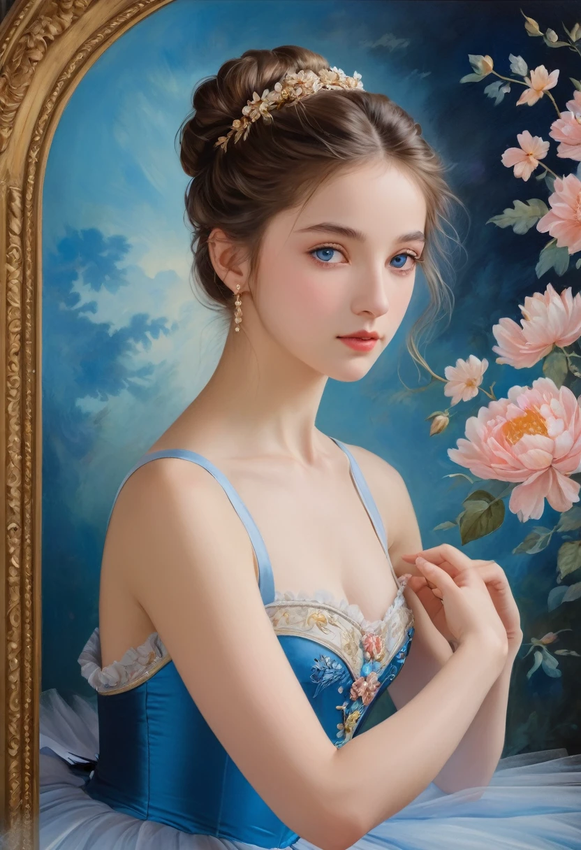 (High resolution,masterpiece:1.2),(Realistic:1.37)"(highest quality, High resolution, Very detailed, Realistic),A beautiful 19th century portrait of a 16-year-old French ballet dancer, (She is half French and half Japanese., She is a beautiful woman with deep blue eyes and a high nose.:1.1), Exquisite ballet costumes, Detailed facial features, Long and graceful neck, Flowing locks of hair, Calm and elegant posture, Soft and delicate lighting, Classical Oil Painting Medium, Vibrant colors, Delicate background with floral motifs", Dreamy atmosphere, Surrealism,Mysterious Aura