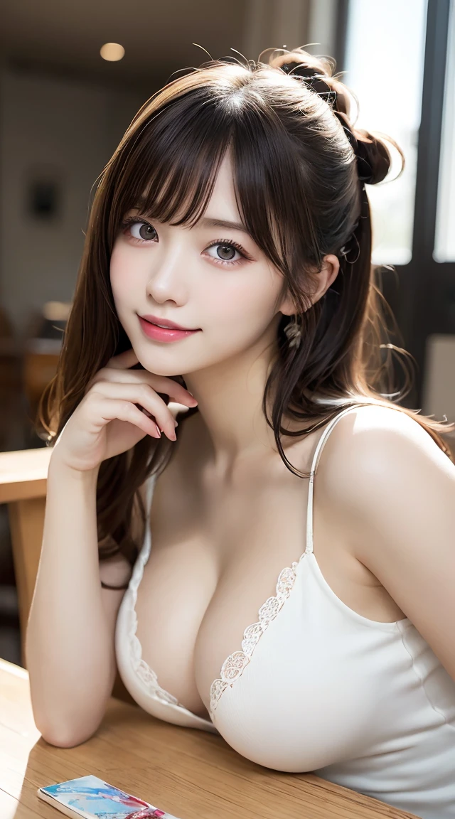 On the table, best quality, illustration, Super detailed, Fine details, high resolution, 8k wallpaper, Perfect dynamic composition, Beautiful and delicate eyes, Fashion women's clothing,Hair Bun,Big breasts and natural lips, Sexy pose,Smile,Harajuku、20 year old girl、Lovely，Visible cleavage、Looking at the camera