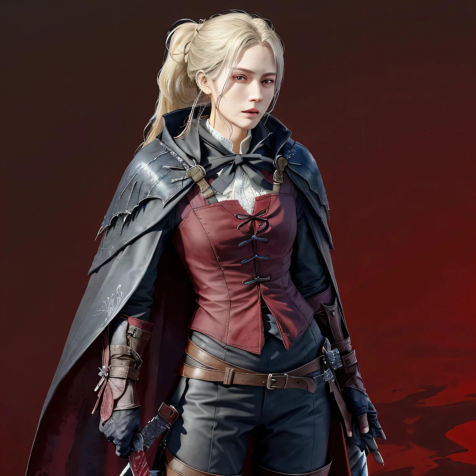 drawn in the artstyle of 1girl, medium_breasts, lady_maria_of_the_astra, rakuyo_\(bloodborne\), red dark smoke firebackground, realistic face, realistic skin, perfect face, perfect lighting, detailed skin, detail face, white_hair, blonde hair, upper body,magical blood mist flowing from sword,red long sword ,ponytail, boots, bloodborne outfit, katana, hat_feather, cape, holding_weapon, pistol holstered on hip, gothic, grey eyes,