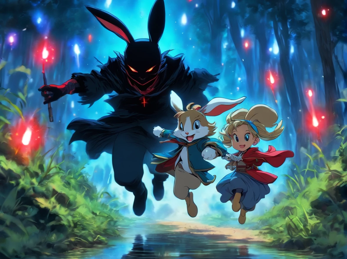 A chase scene of two characters, one rabbit character in a black top hat on his head and a pocket watch in his hand runs away along a path in a swamp, he is chased by a second character - Cinderella with red Sidhe lightsabers from Star Warriors, dark sky, stars and spaceships, fabulously, cartoonishly, clearly, in detail