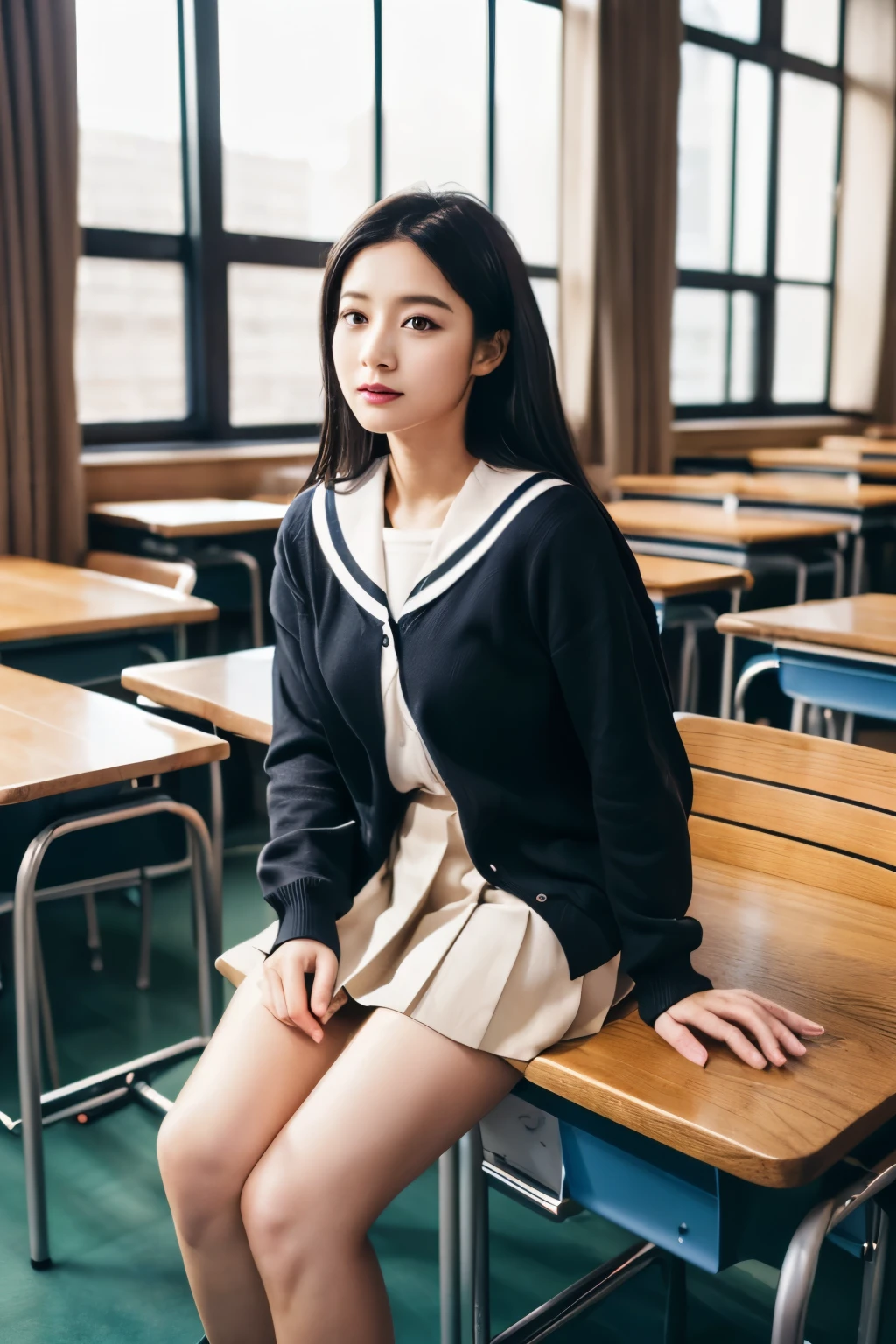 (Tabletop, Digital Art, Digital Illustration, 4K, 8k, Very detailed, Beautiful images, Clear images, Realistic, RAW Photos, Perfect Face, Perfect Lines, Perfect Eyes, Soft lighting) woman1名, (Long black hair,Straight Hair,Bullish gaze,Beauty,Solid makeup,woman,Small Tits:1.3), (human,Man in suit,Muscular,Strong shoulder width,成人womanボーイッシュなヘアスタイル,British Gentleman Style,クールな表情の30代woman、明るい笑顔の28歳woman1.2),Light-filled classroom、School、sparkling curtains、Sailor suit、Knee-length pleated skirt、Loose cardigan、