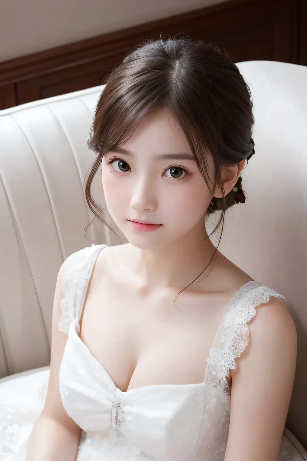 ((highest quality)), ((Photo quality)), (detailed), Perfect Face，White skin，，sofa，White Dress